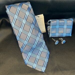 NWT- Silk Blue and Gray Plaid Men's Tie Set